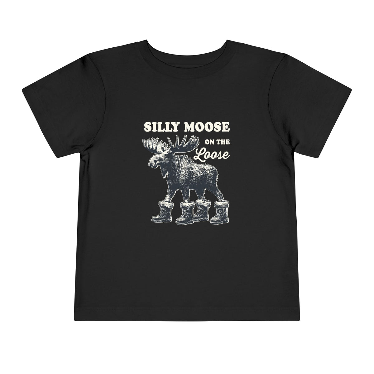 Black Silly Moose On The Loose vintage moose toddler t-shirt, front view