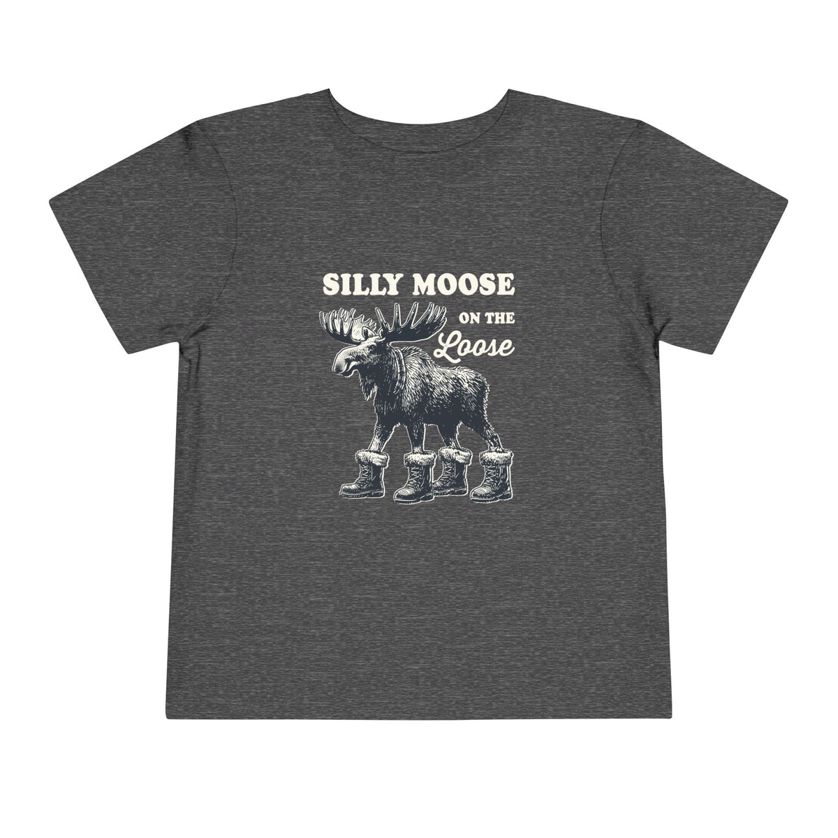 Dark Heather Grey Silly Moose On The Loose vintage moose toddler t-shirt, front view