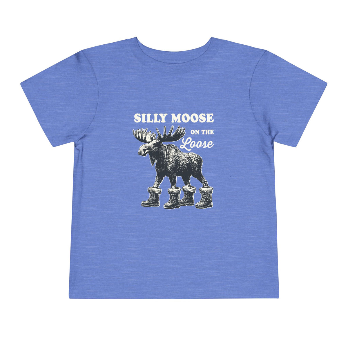 Heather Columbia Blue Silly Moose On The Loose vintage moose toddler t-shirt, front view
