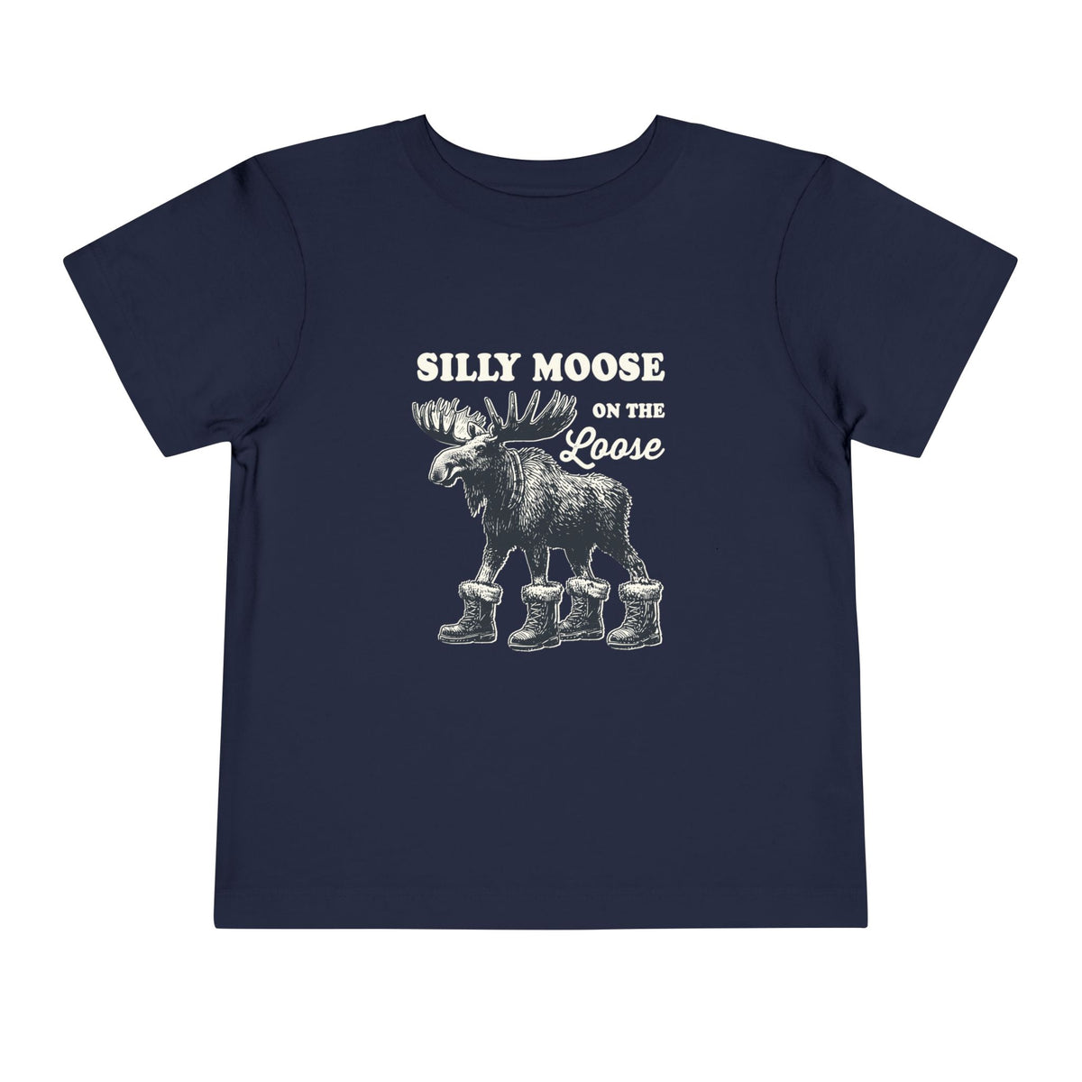 Navy Silly Moose On The Loose vintage moose toddler t-shirt, front view