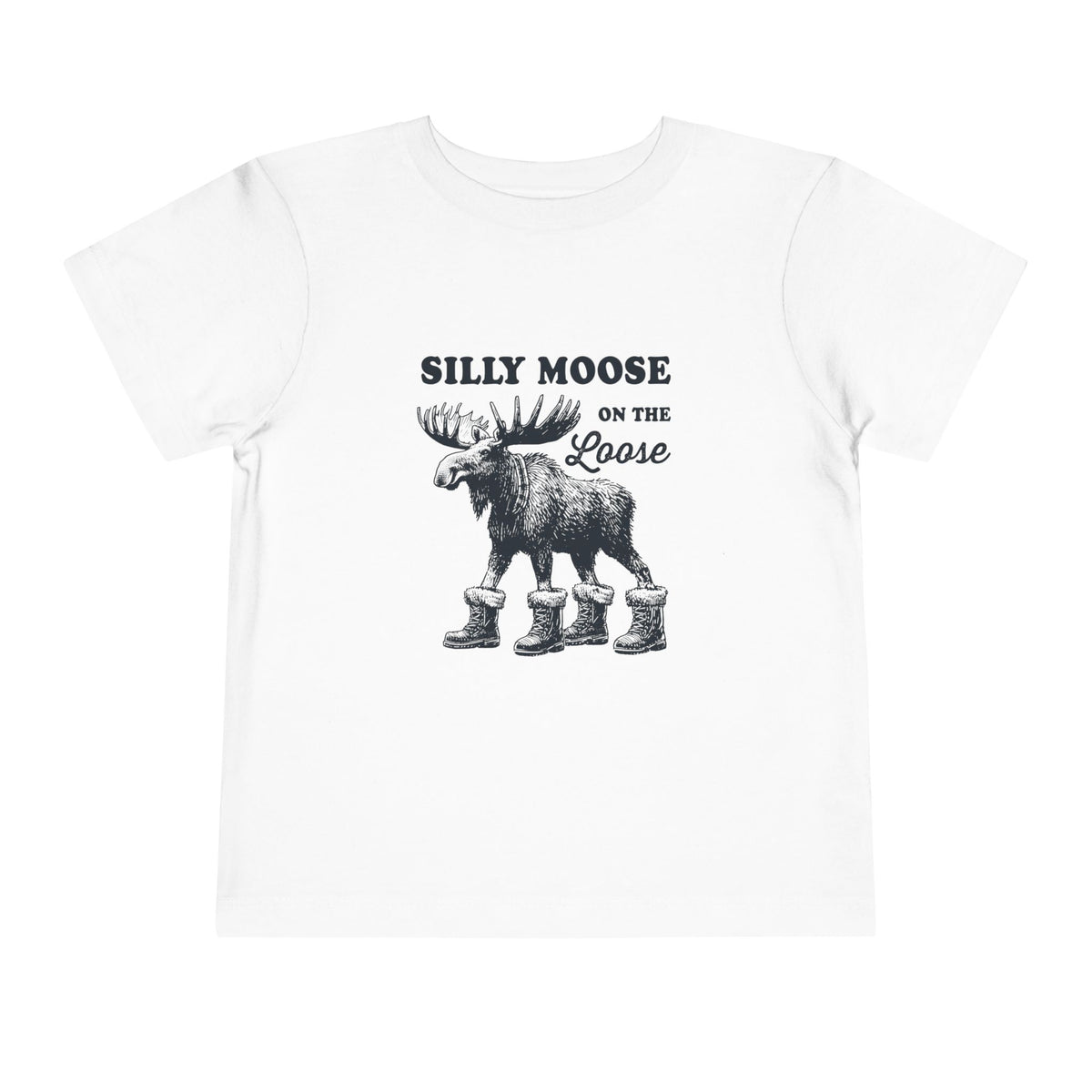 White Silly Moose On The Loose vintage moose toddler t-shirt, front view