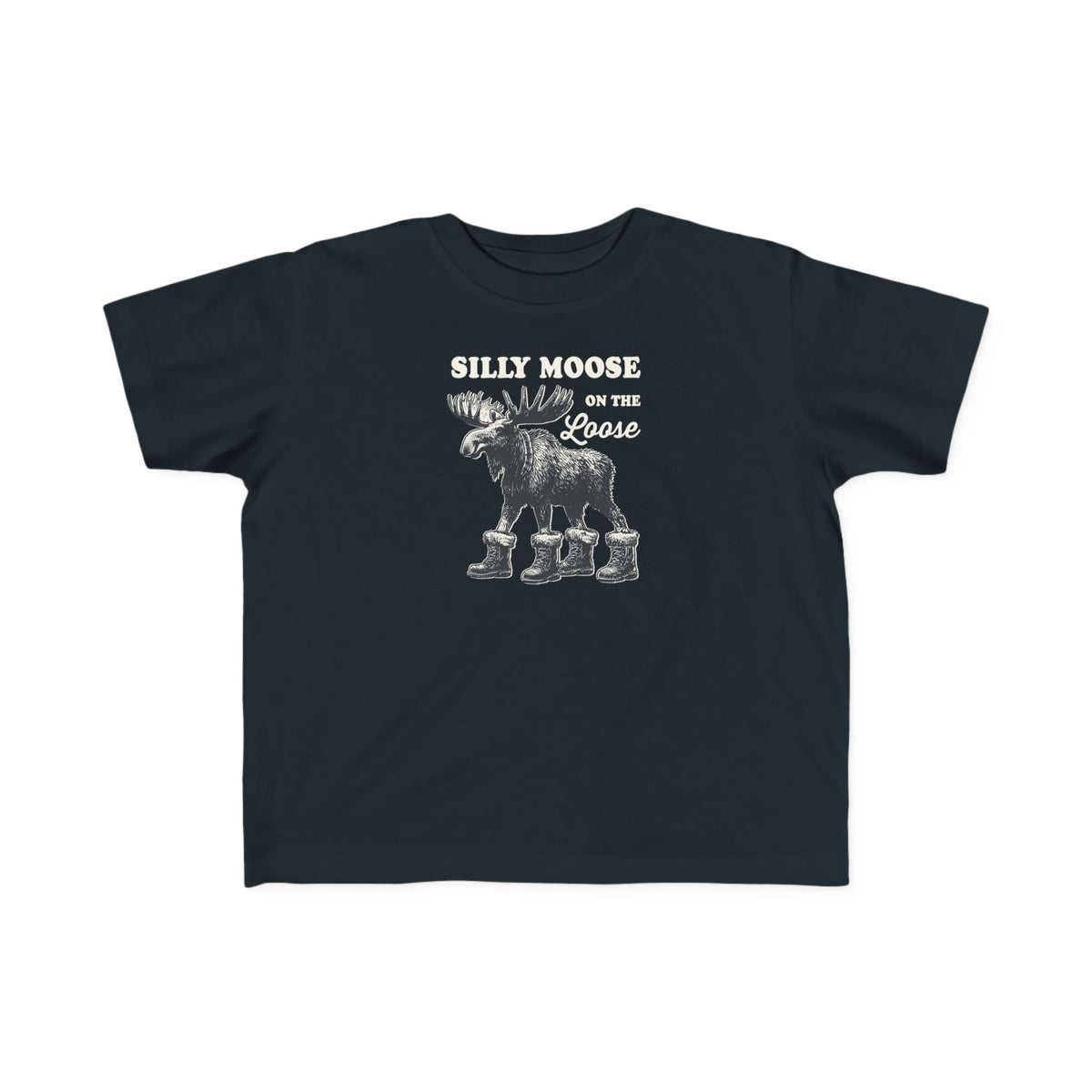 Black Silly Moose On The Loose vintage moose toddler t-shirt, front view