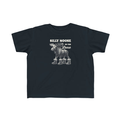 Black Silly Moose On The Loose vintage moose toddler t-shirt, front view