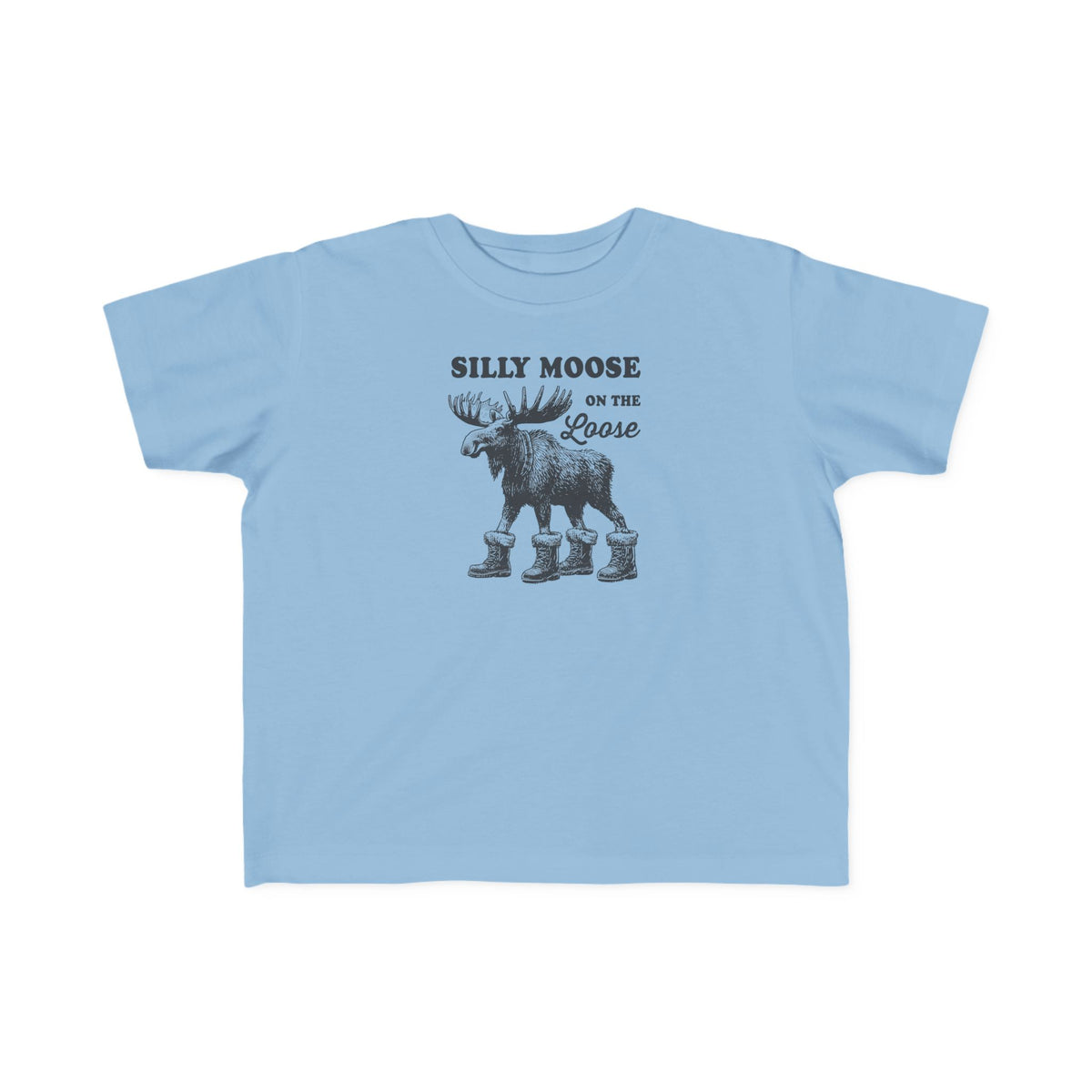 Light Blue Silly Moose On The Loose vintage moose toddler t-shirt, front view