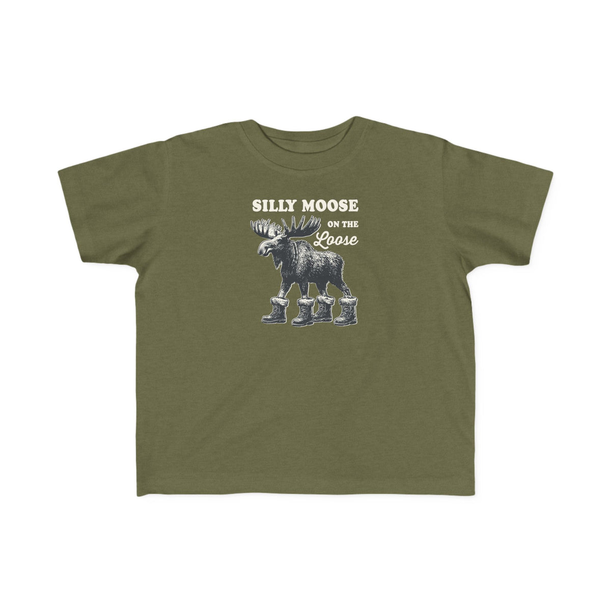 Military Green Silly Moose On The Loose vintage moose toddler t-shirt, front view
