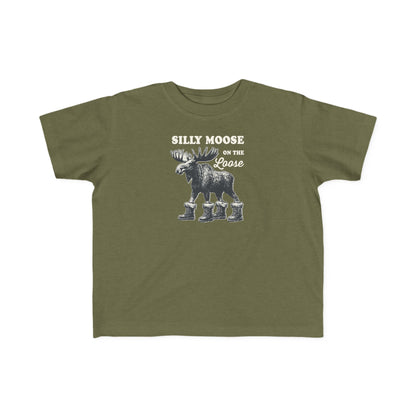 Military Green Silly Moose On The Loose vintage moose toddler t-shirt, front view