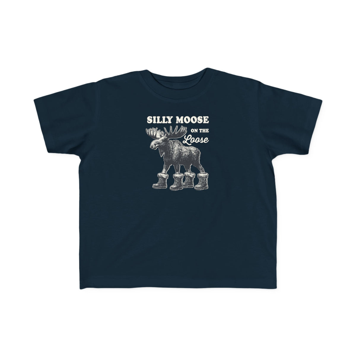 Navy Silly Moose On The Loose vintage moose toddler t-shirt, front view
