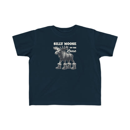 Navy Silly Moose On The Loose vintage moose toddler t-shirt, front view