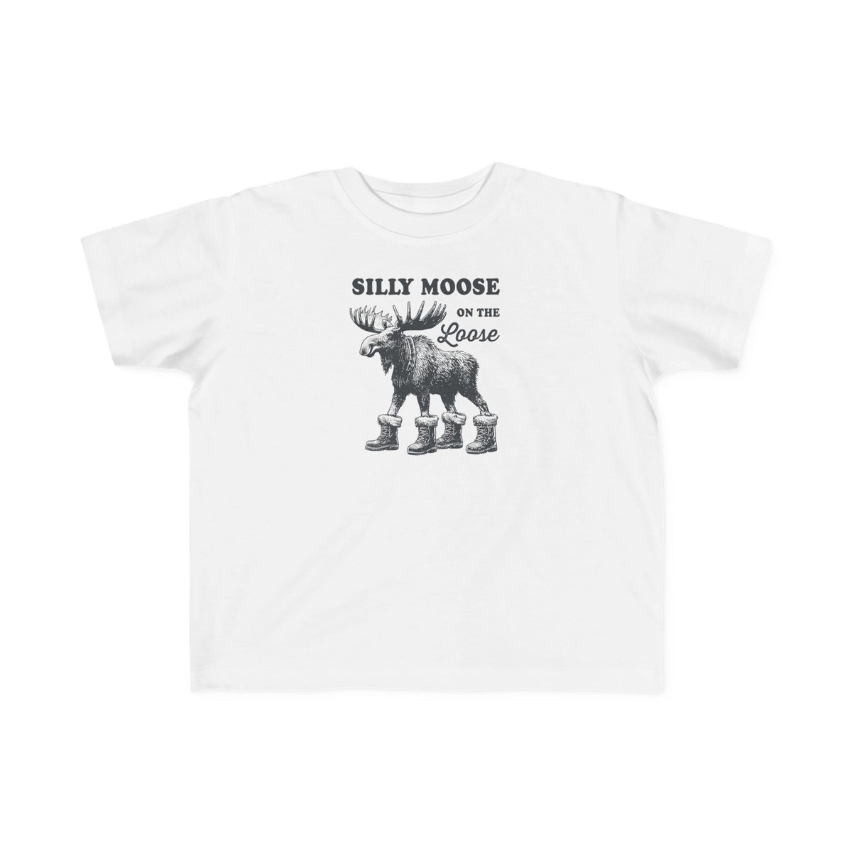 White Silly Moose On The Loose vintage moose toddler t-shirt, front view