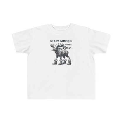 White Silly Moose On The Loose vintage moose toddler t-shirt, front view