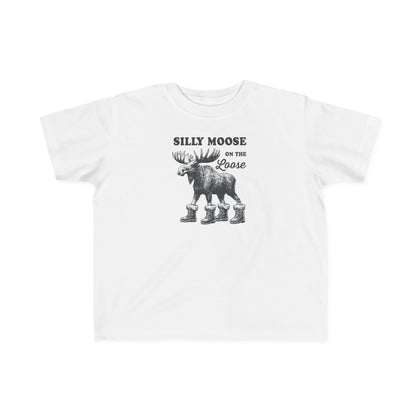 White Silly Moose On The Loose vintage moose toddler t-shirt, front view