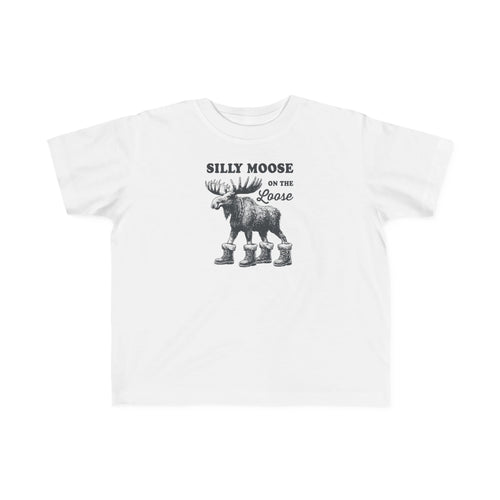 White Silly Moose On The Loose vintage moose toddler t-shirt, front view