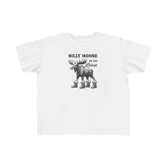 White Silly Moose On The Loose vintage moose toddler t-shirt, front view