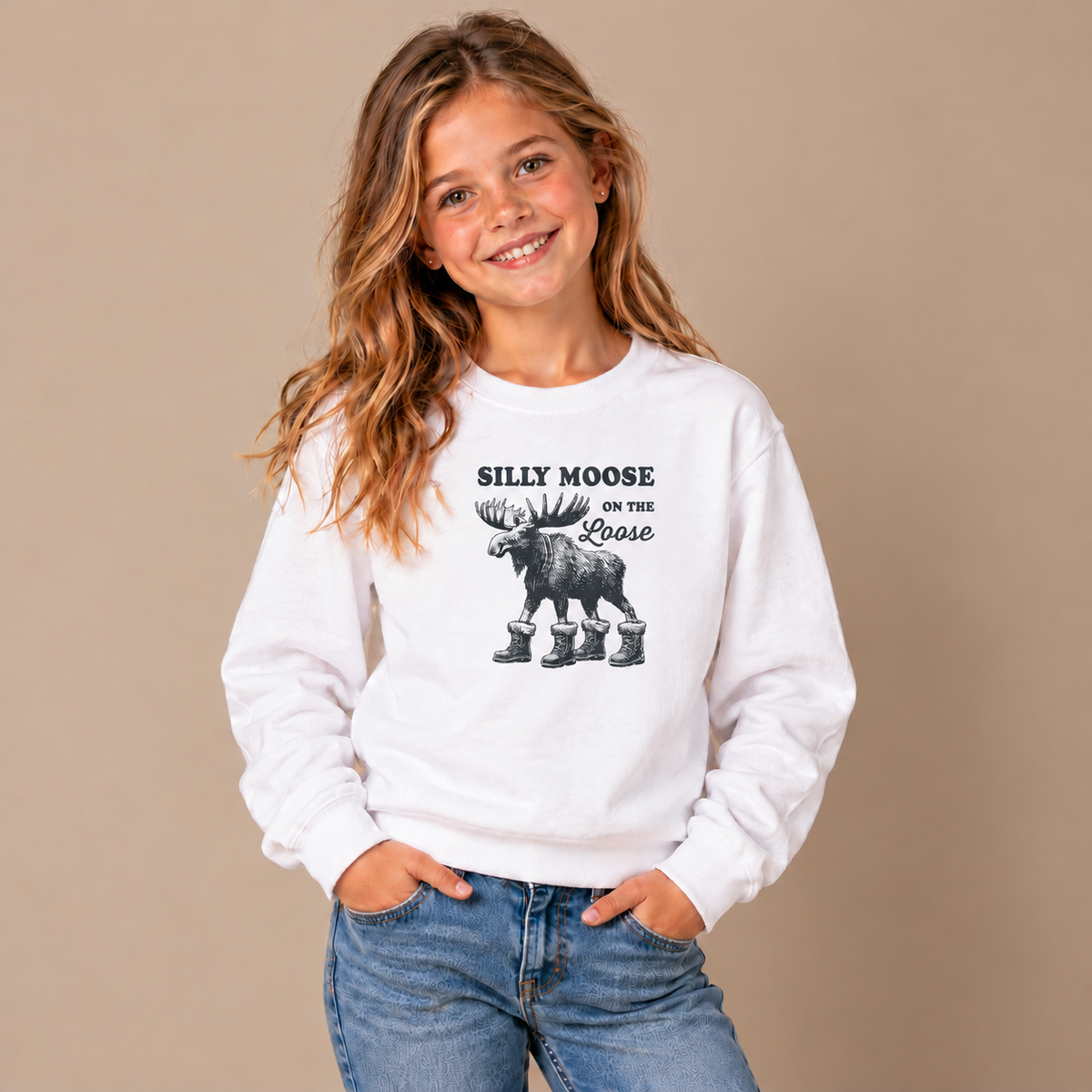 Girl wearing the White Silly Moose On The Loose Youth Sweatshirt