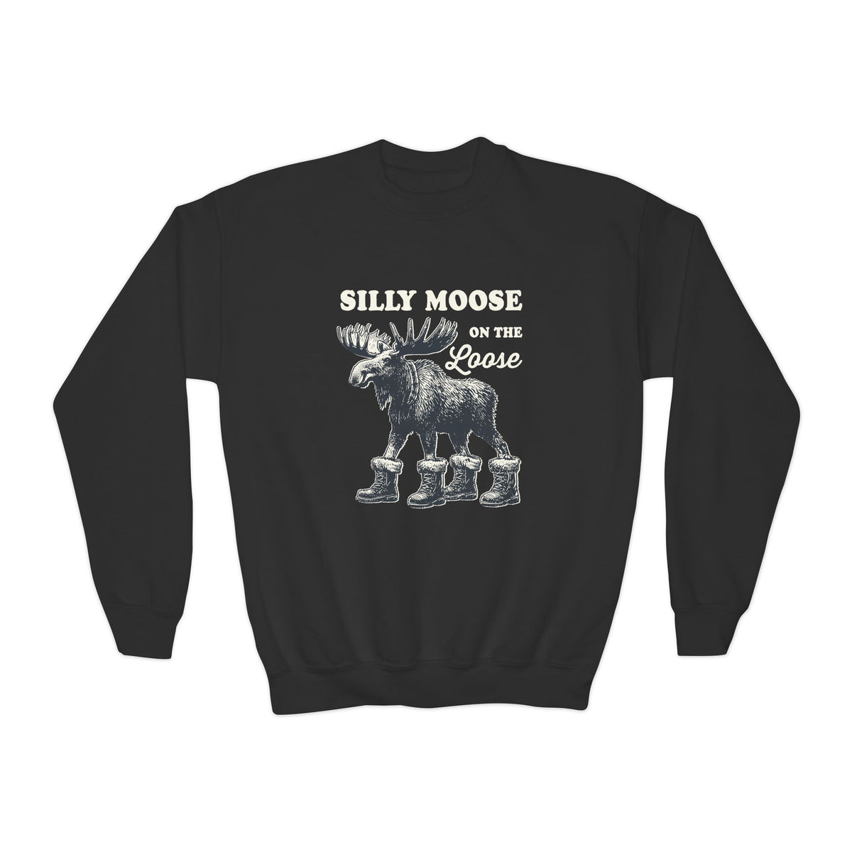 Black Silly Moose On The Loose Youth Sweatshirt, front view