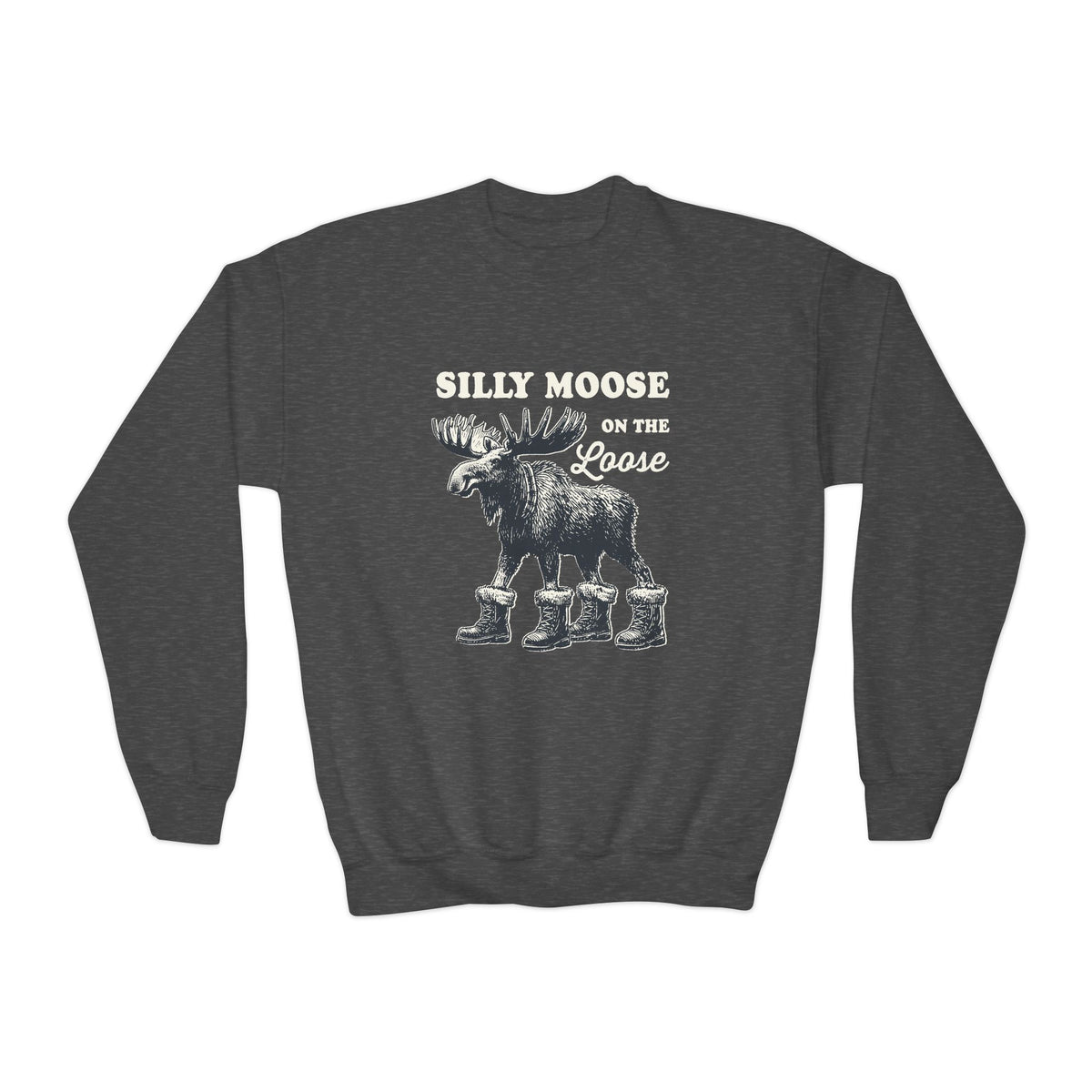 Dark Heather Silly Moose On The Loose Youth Sweatshirt, front view