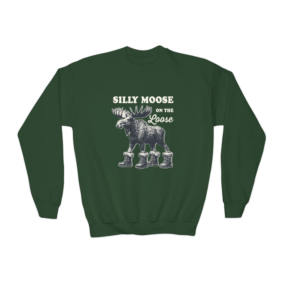 Forest Green Silly Moose On The Loose Youth Sweatshirt, front view