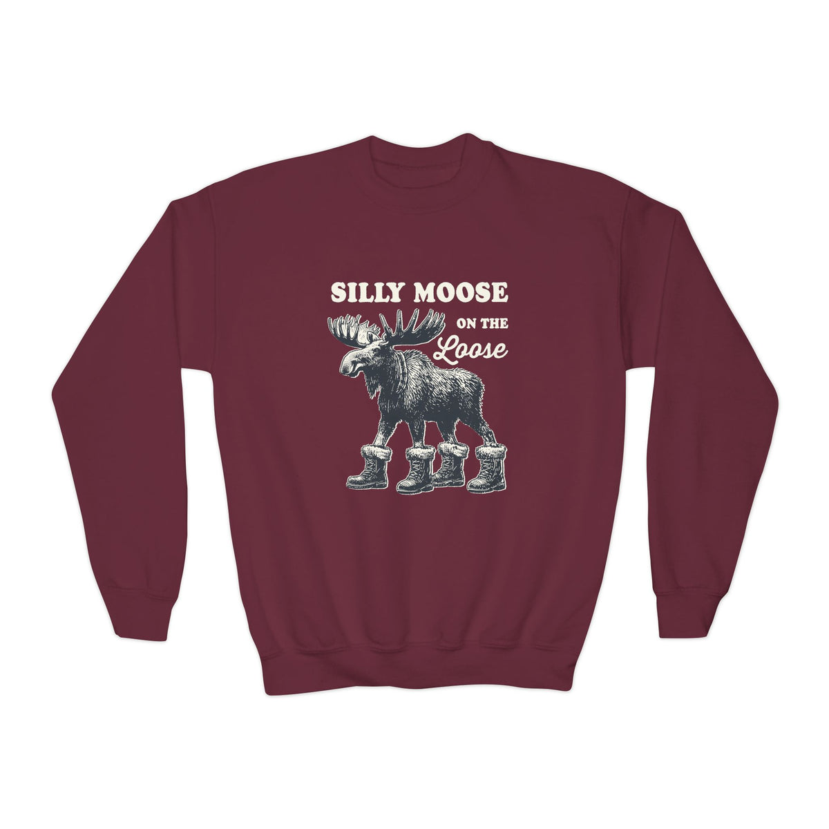 Maroon Silly Moose On The Loose Youth Sweatshirt, front view