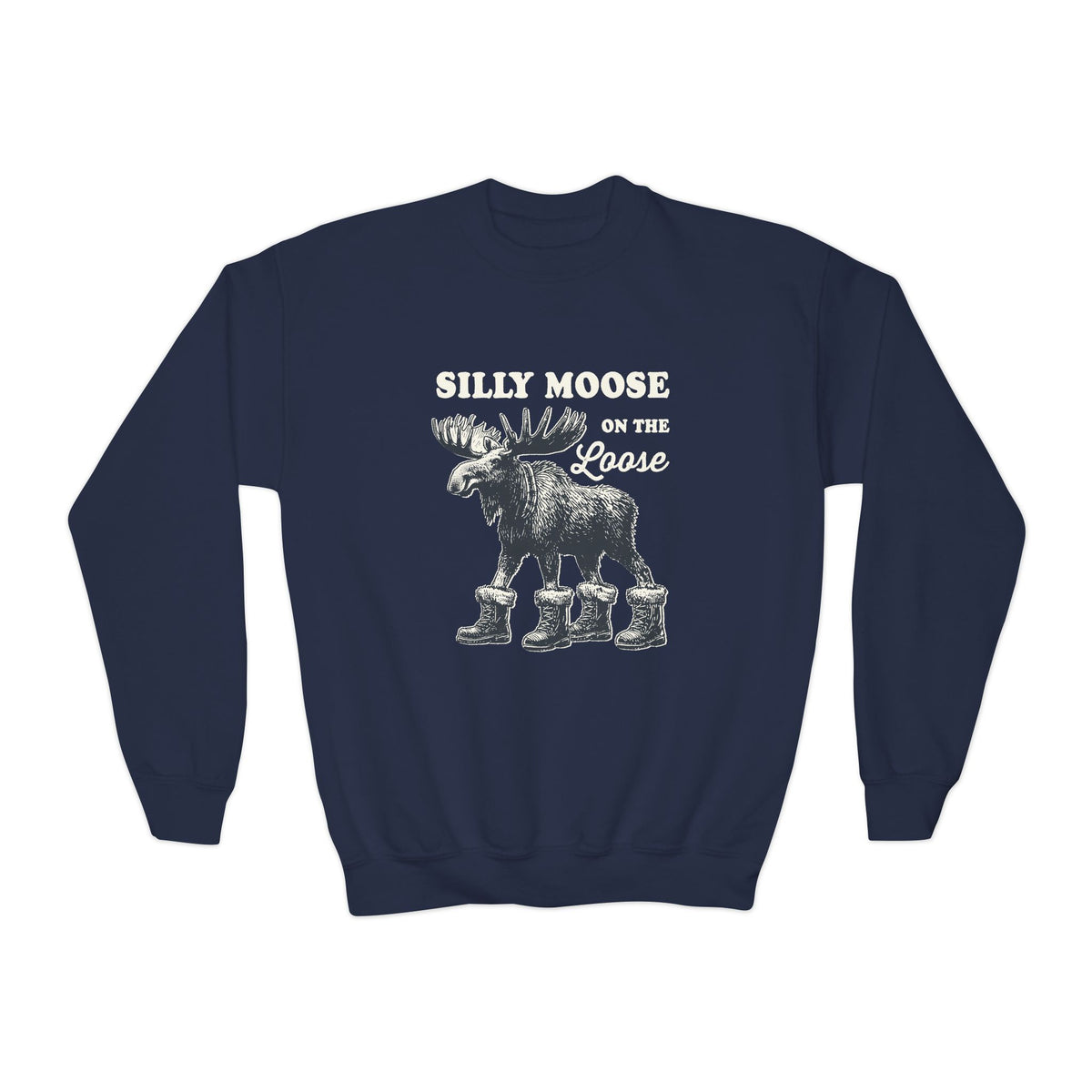 Navy Silly Moose On The Loose Youth Sweatshirt, front view