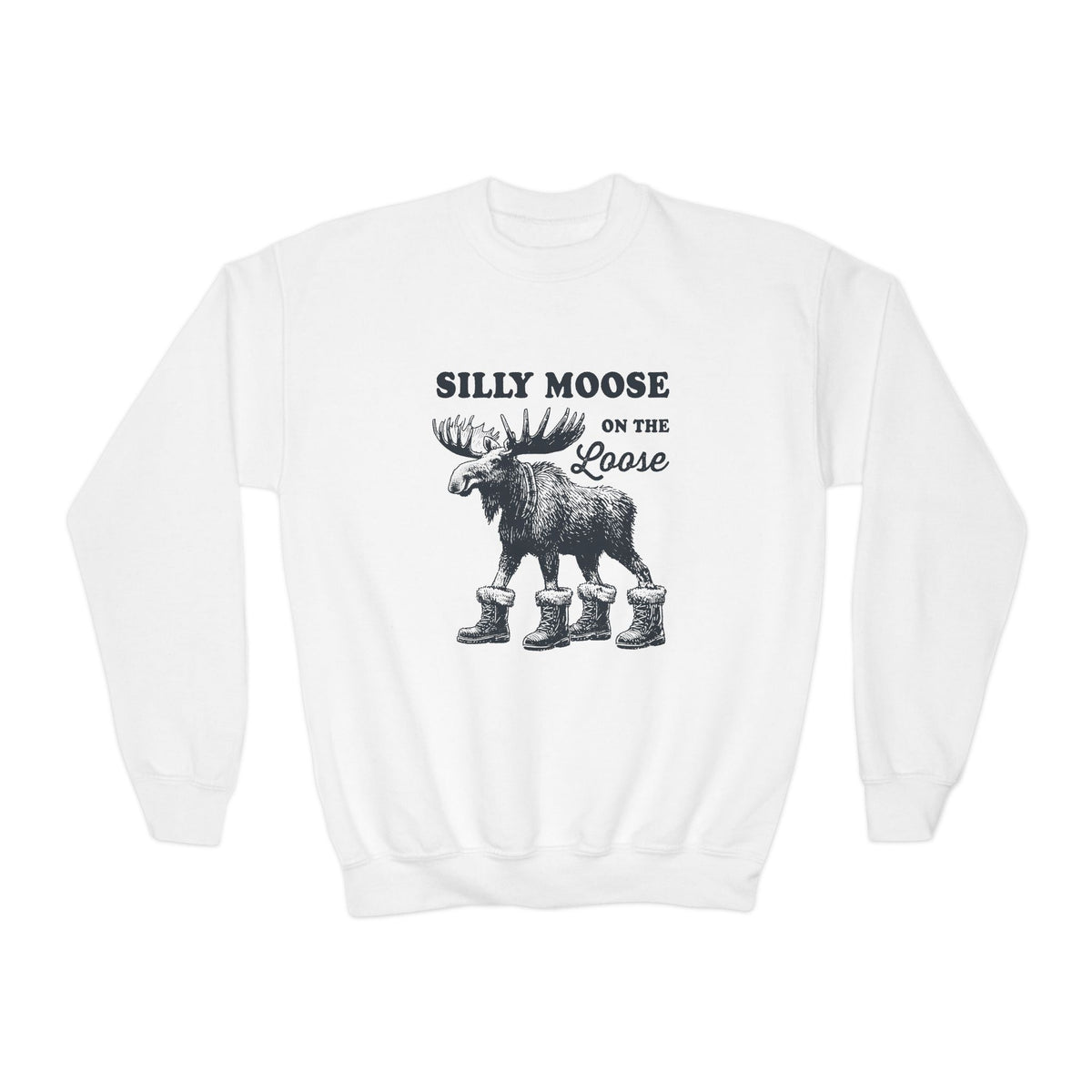 White Silly Moose On The Loose Youth Sweatshirt, front view