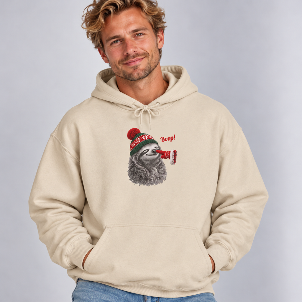 Man wearing the Sand Sloth Boop Christmas Hoodie with jeans