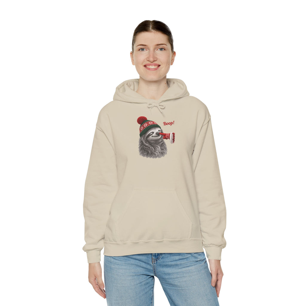 Model wearing the sand Sloth Boop Christmas Hoodie