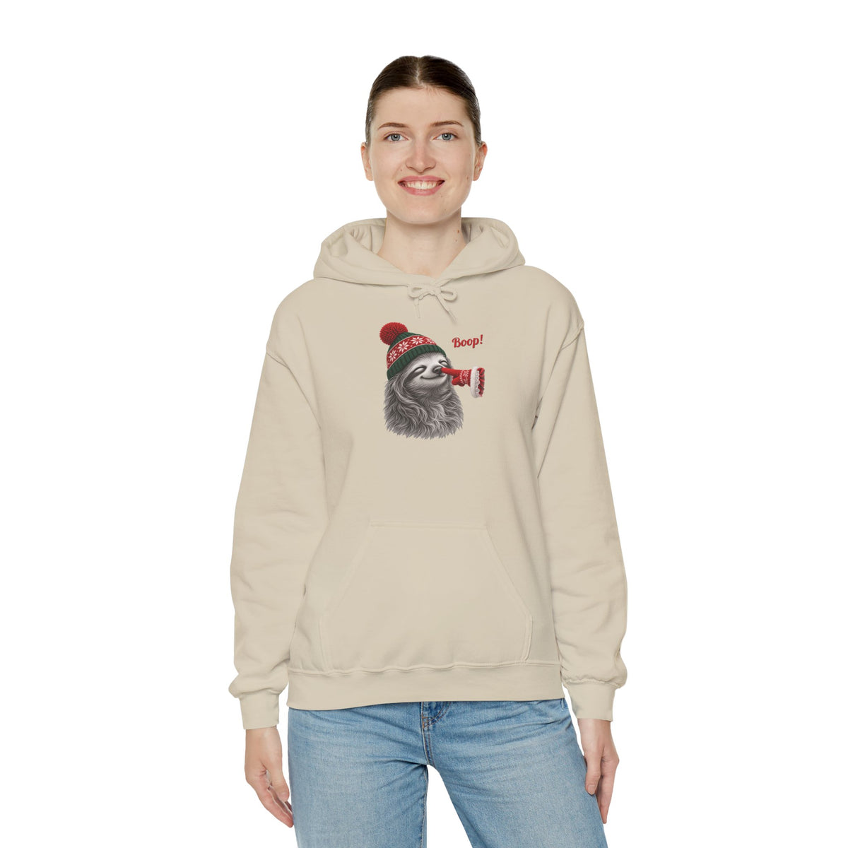 Model wearing the sand Sloth Boop Christmas Hoodie