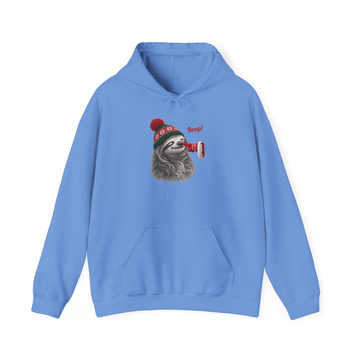 Carolina Blue Sloth Boop Christmas hoodie with a smiling sloth in a knit beanie and a red mitten booping its nose, front view