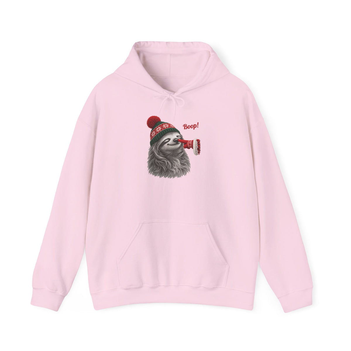 Light Pink Sloth Boop Christmas hoodie with a smiling sloth in a knit beanie and a red mitten booping its nose, front view