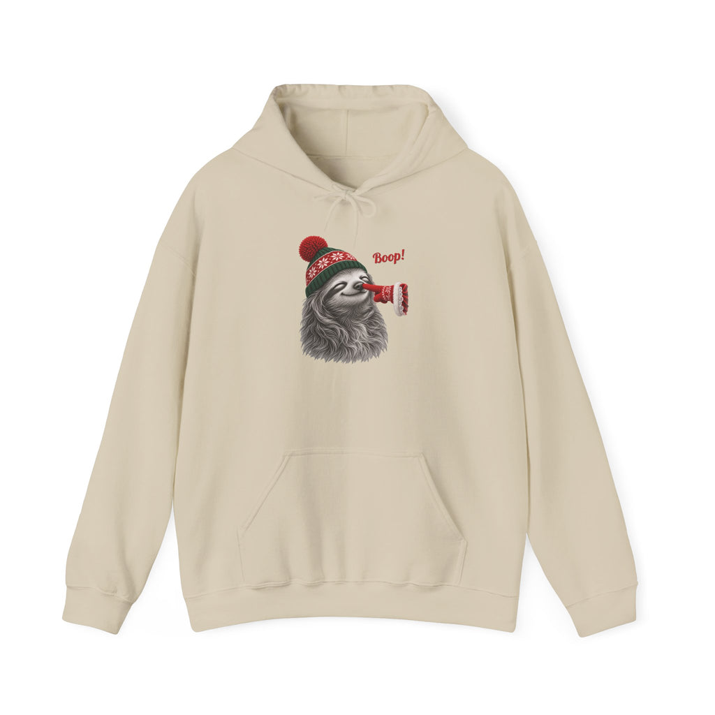 Sand Sloth Boop Christmas hoodie with a smiling sloth in a knit beanie and a red mitten booping its nose, front view