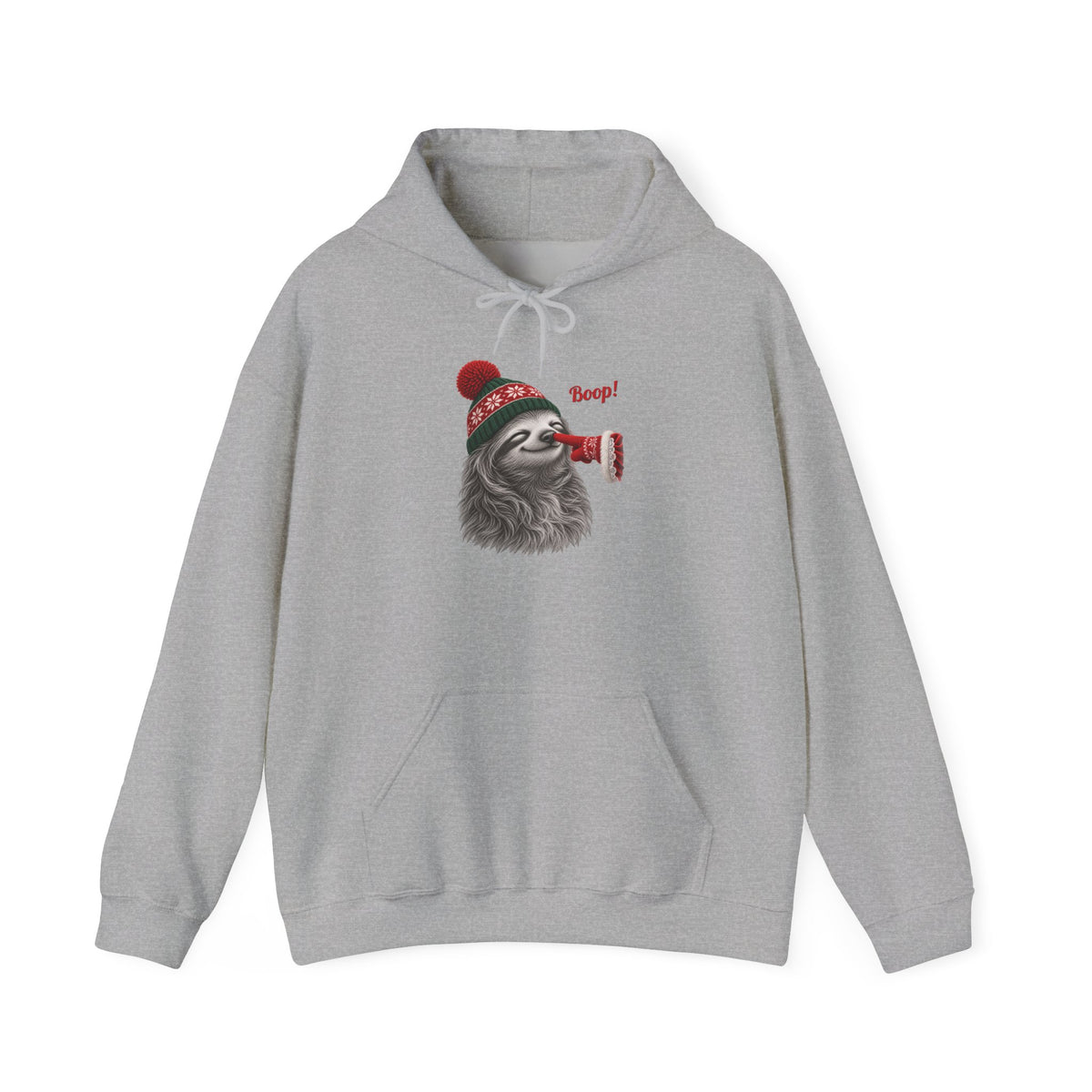 Sport Grey Sloth Boop Christmas hoodie with a smiling sloth in a knit beanie and a red mitten booping its nose, front view