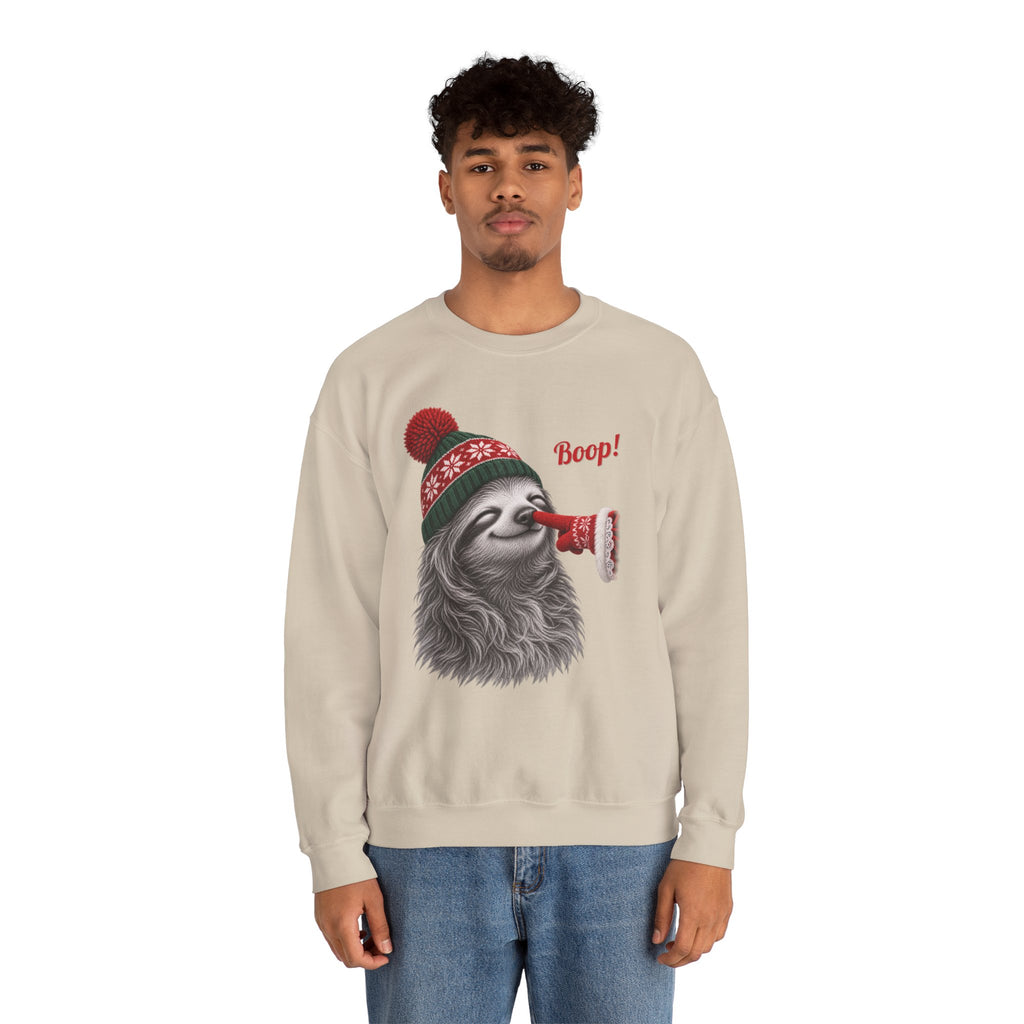Model wearing the sand Sloth Boop Christmas Sweatshirt