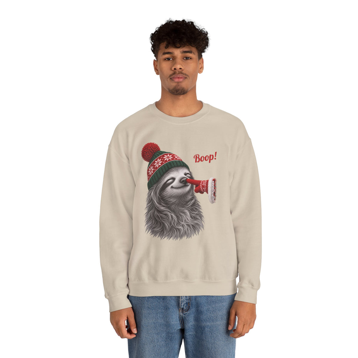Model wearing the sand Sloth Boop Christmas Sweatshirt