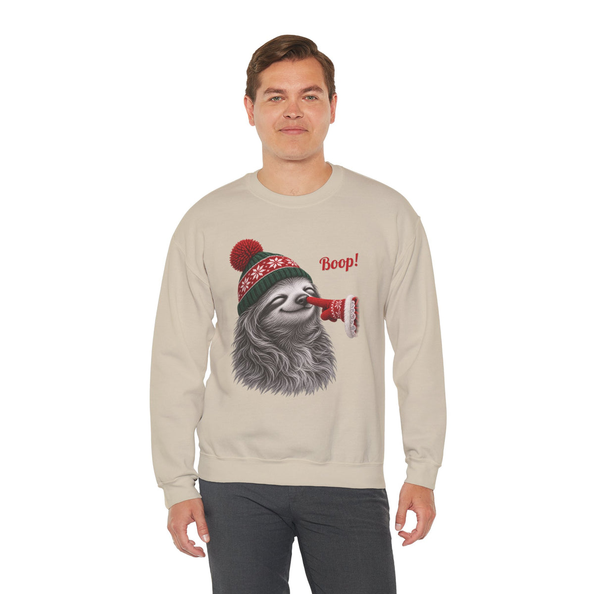 Model wearing the sand Sloth Boop Christmas Sweatshirt