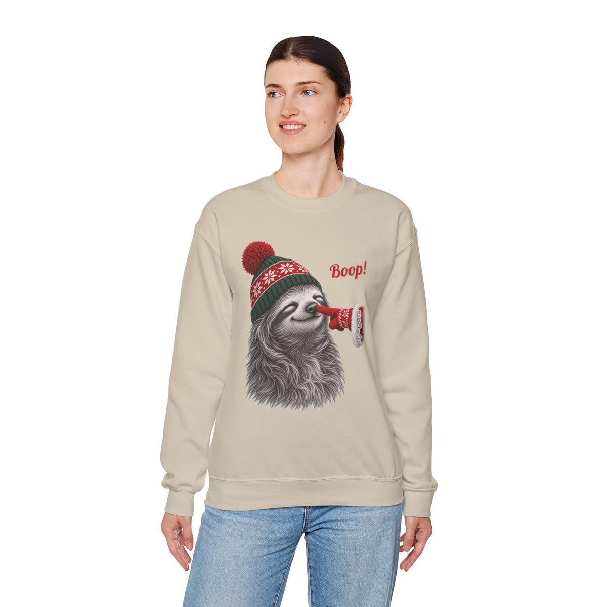 Model wearing the sand Sloth Boop Christmas Sweatshirt