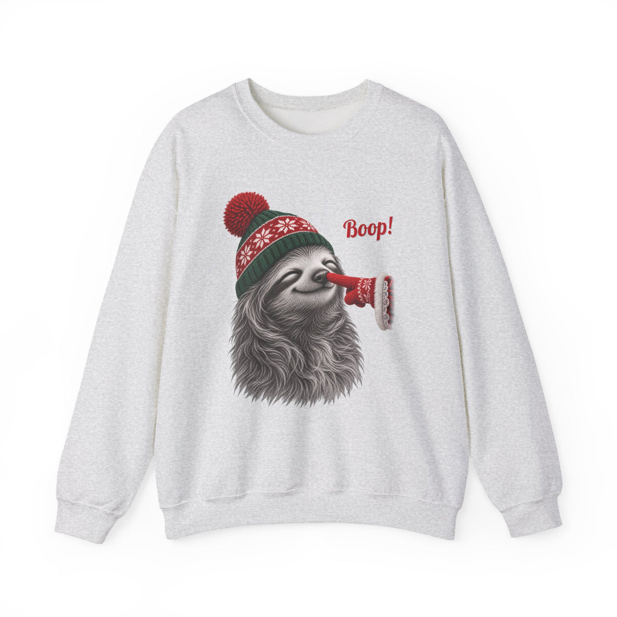 Ash Sloth Boop Christmas sweatshirt with a smiling sloth in a knit beanie and a red mitten booping its nose, front view