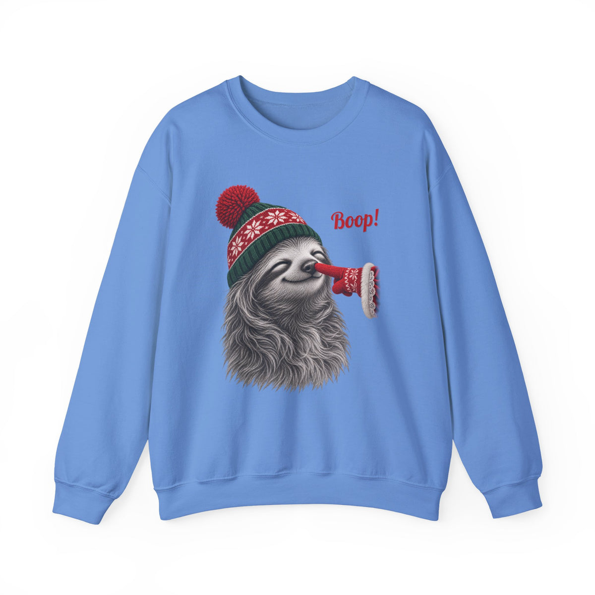 Carolina Blue Sloth Boop Christmas sweatshirt with a smiling sloth in a knit beanie and a red mitten booping its nose, front view