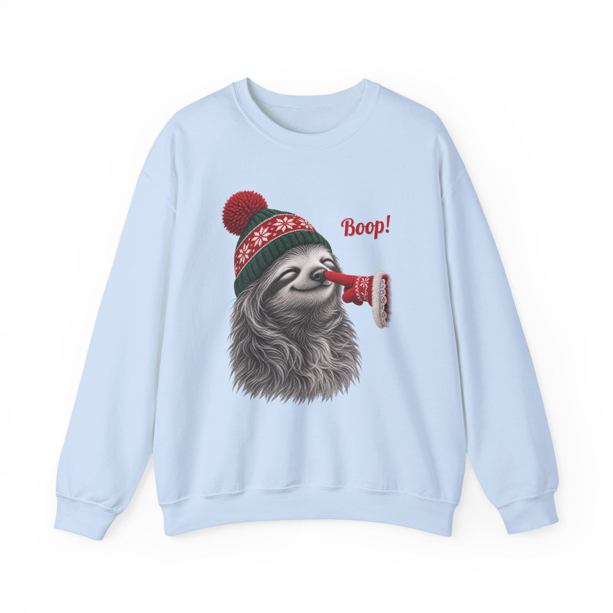 Light Blue Sloth Boop Christmas sweatshirt with a smiling sloth in a knit beanie and a red mitten booping its nose, front view
