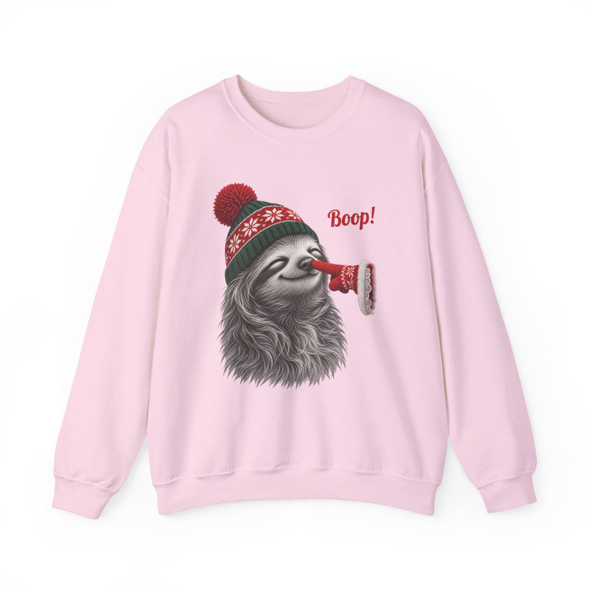 Light Pink Sloth Boop Christmas sweatshirt with a smiling sloth in a knit beanie and a red mitten booping its nose, front view