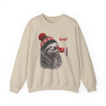 Sand Sloth Boop Christmas sweatshirt with a smiling sloth in a knit beanie and a red mitten booping its nose, front view