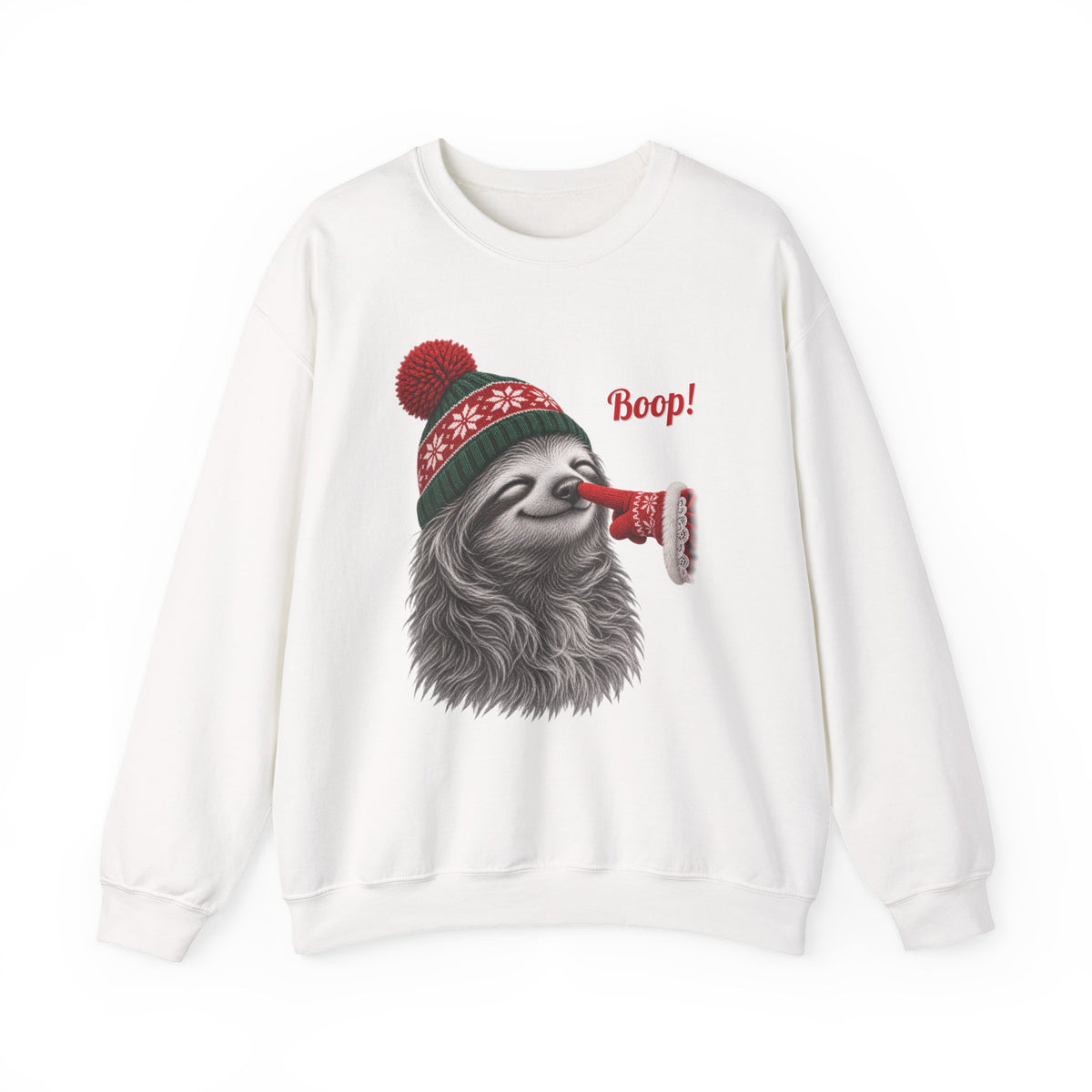 White Sloth Boop Christmas sweatshirt with a smiling sloth in a knit beanie and a red mitten booping its nose, front view