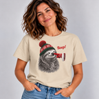 Woman wearing the Sand Sloth Boop Christmas T-Shirt with jeans