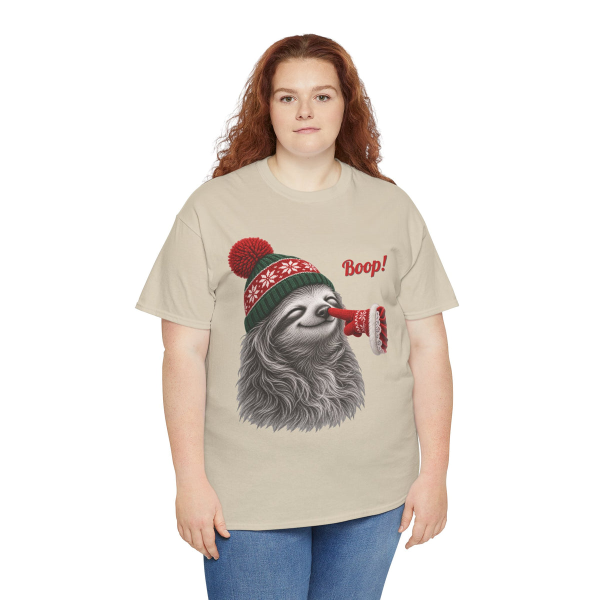 Model wearing the sand Sloth Boop Christmas T-Shirt
