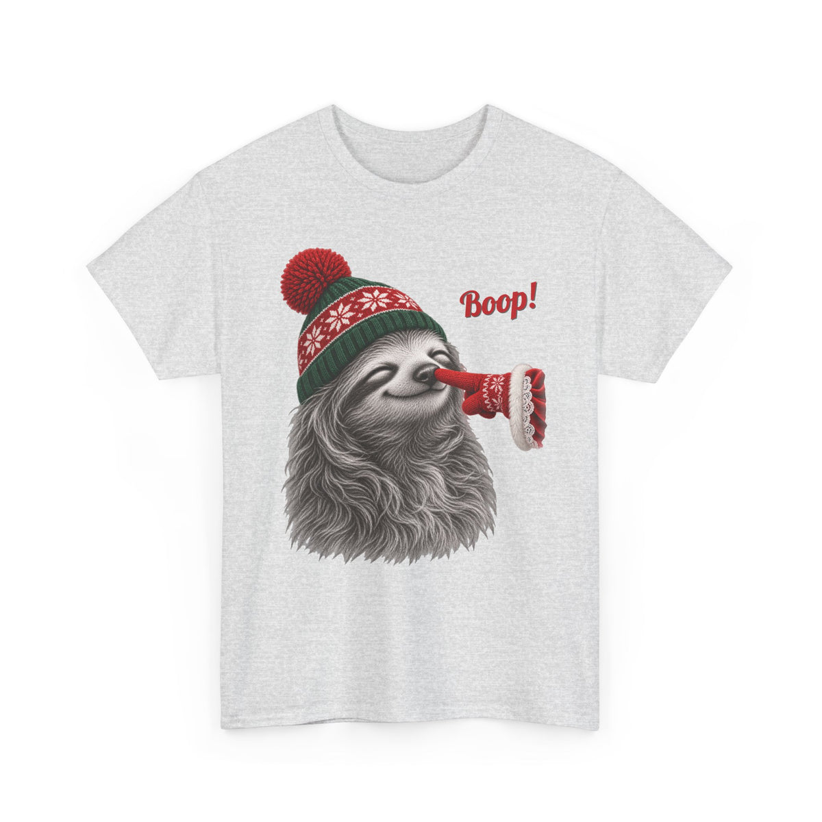 Ash Sloth Boop Christmas t-shirt with a smiling sloth in a knit beanie and a red mitten booping its nose, front view