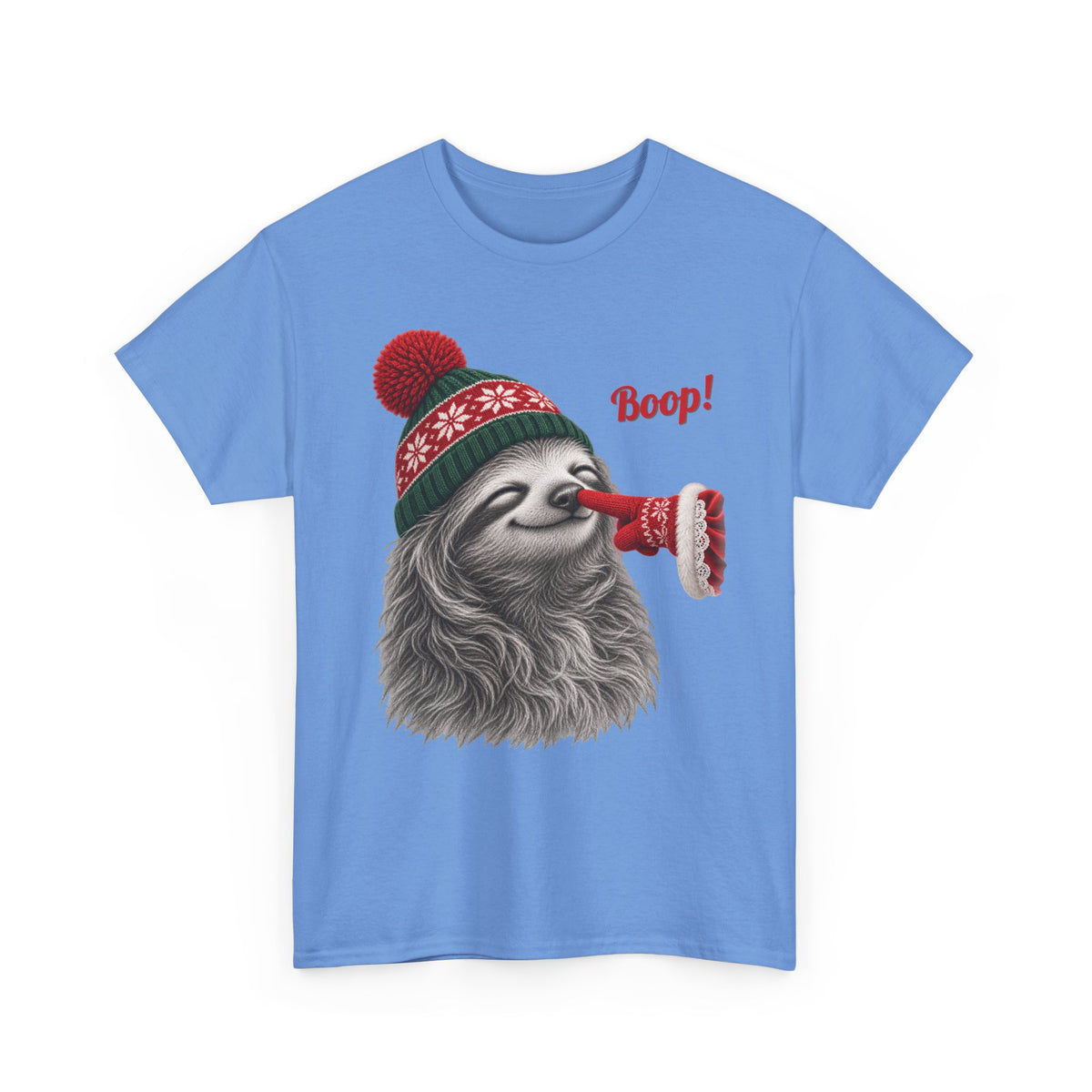 Carolina Blue Sloth Boop Christmas t-shirt with a smiling sloth in a knit beanie and a red mitten booping its nose, front view