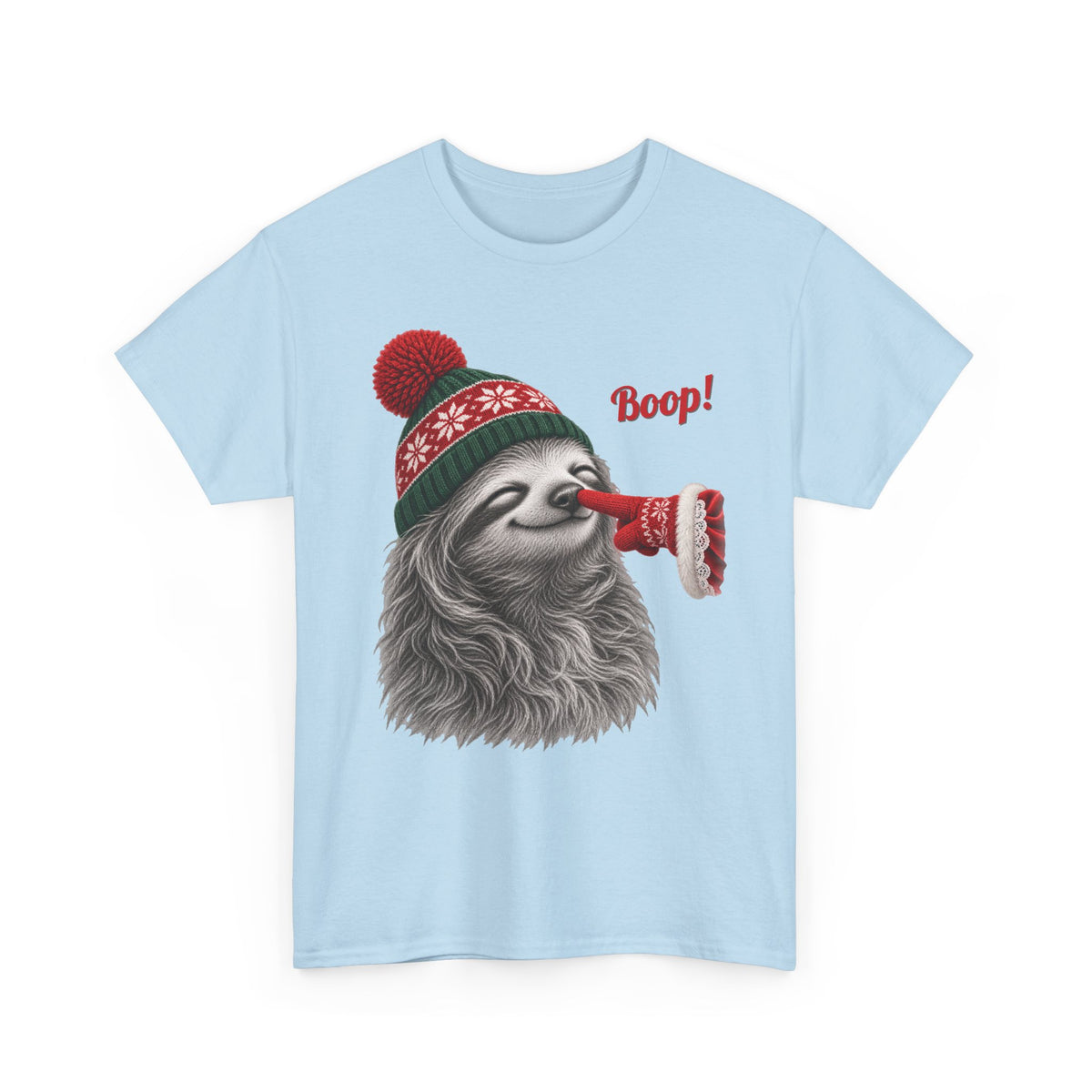 Light Blue Sloth Boop Christmas t-shirt with a smiling sloth in a knit beanie and a red mitten booping its nose, front view