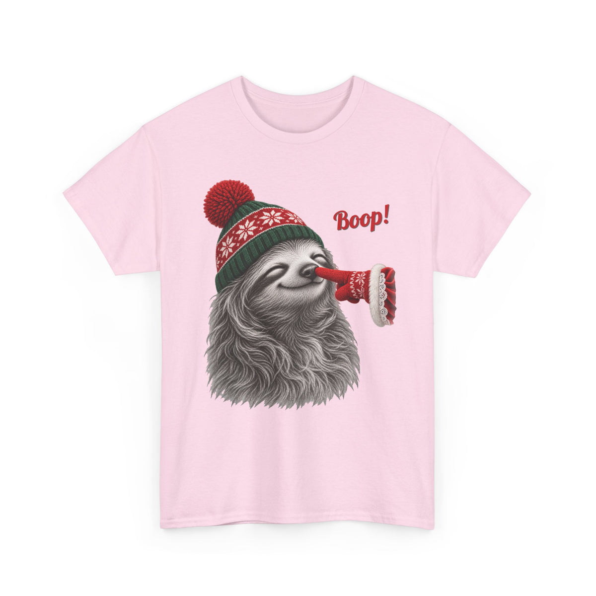 Light Pink Sloth Boop Christmas t-shirt with a smiling sloth in a knit beanie and a red mitten booping its nose, front view