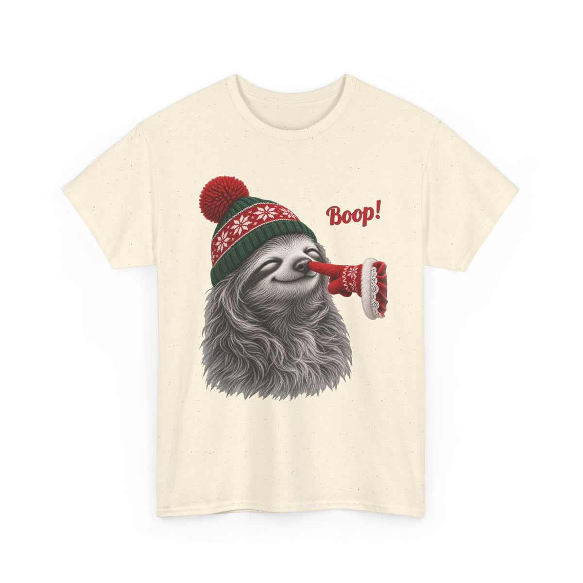 Natural Sloth Boop Christmas t-shirt with a smiling sloth in a knit beanie and a red mitten booping its nose, front view