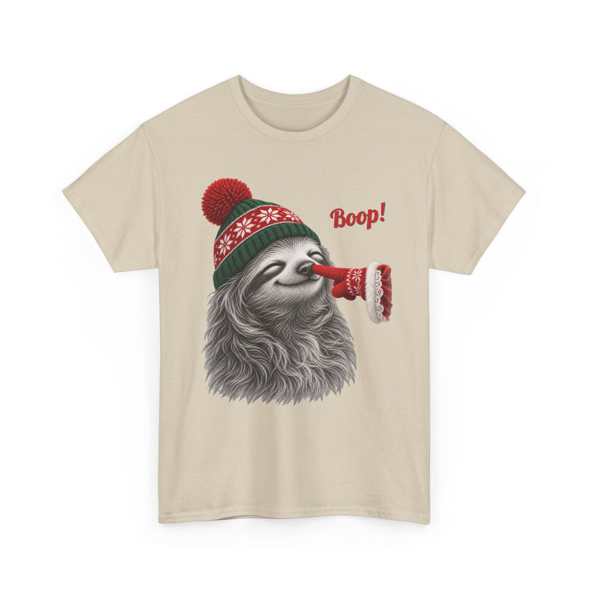 Sand Sloth Boop Christmas t-shirt with a smiling sloth in a knit beanie and a red mitten booping its nose, front view
