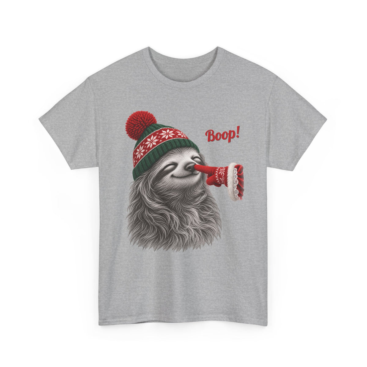 Sport Grey Sloth Boop Christmas t-shirt with a smiling sloth in a knit beanie and a red mitten booping its nose, front view